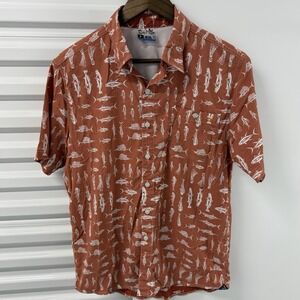 Salt Life SLX Fishing Shirt Mens S Orange Fish Print Button Up